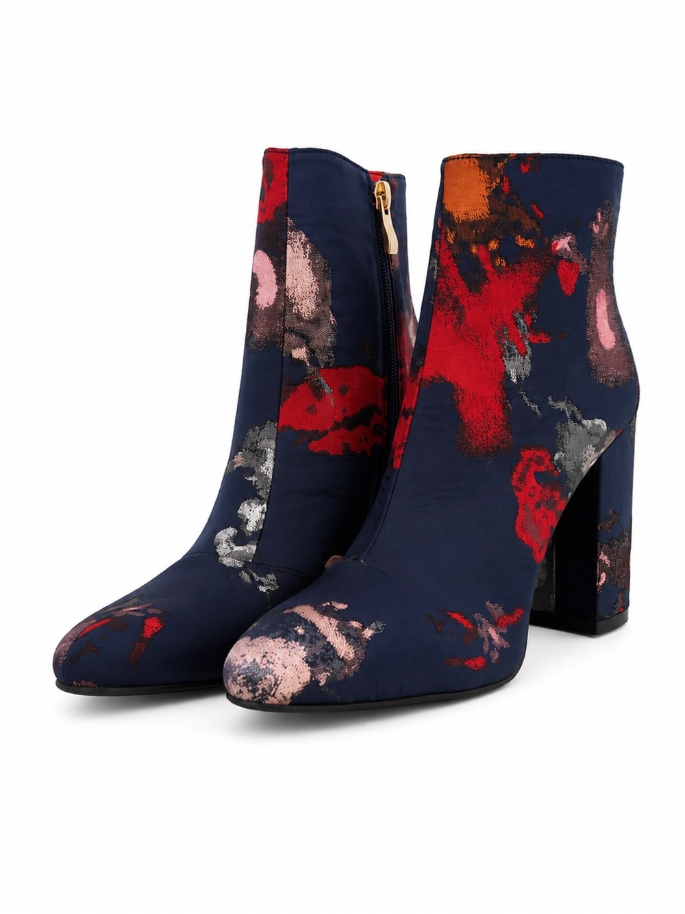 NWOT Navy Floral Brocade Block Heel Ankle Boots [Size]